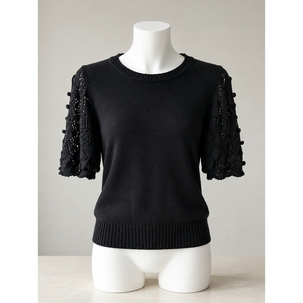 BTFBM Black Cotton Short Sleeve Sweater Crochet Pom Pom Puff Sleeve Small